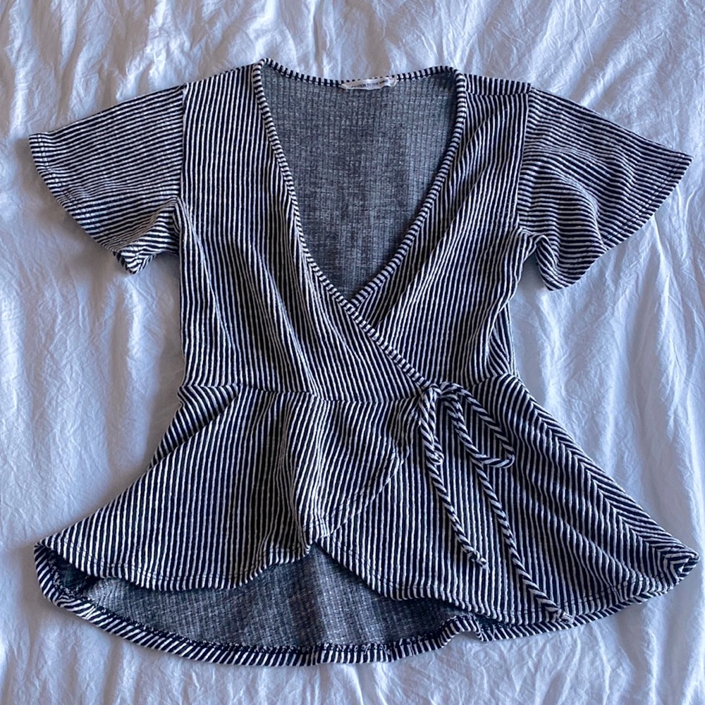 Caution To The Wind Black and White Striped Peplum Wrap Top Size Small